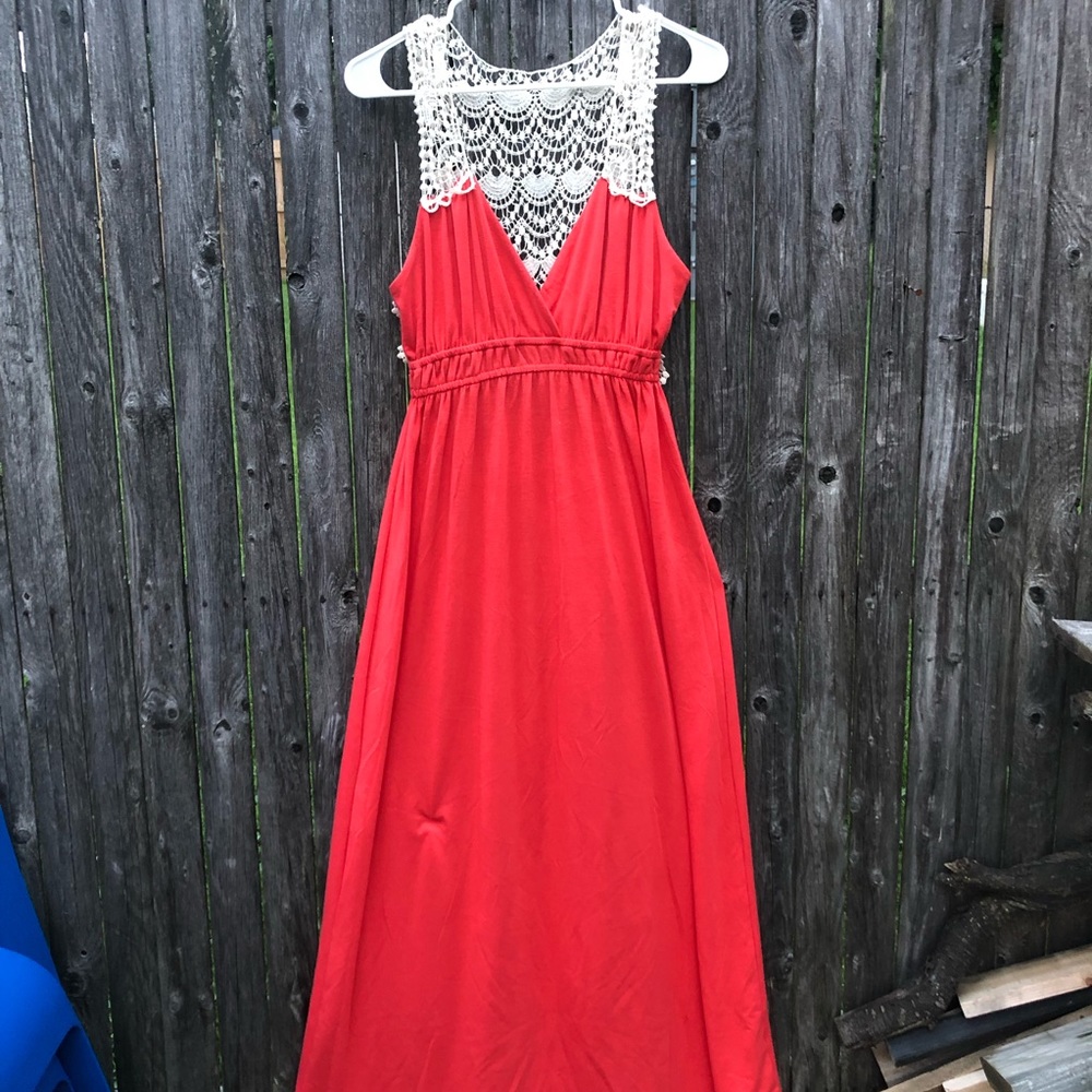 Beautiful coral maxi with lace accent